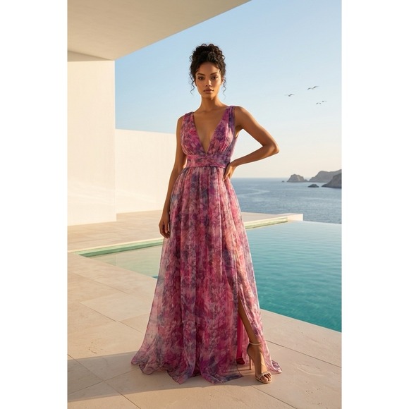 Lulus Dresses & Skirts - Lulus Purple Floral Maxi Dress V-Neck Sleeveless Chiffon Formal Gown Size M